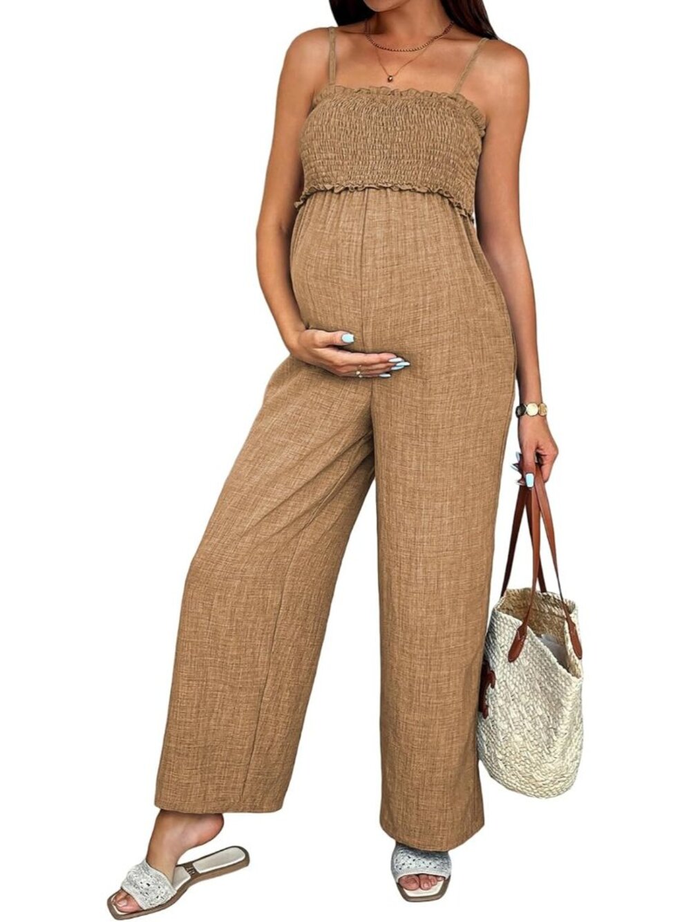 Women's Khaki Smocked Maternity Jumpsuit Loose Overalls Pockets Long Jumpsuits